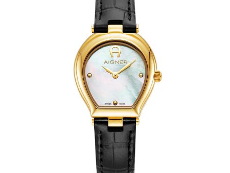 Aigner Trani Ladies White MOP Dial Gold case Black Leather Strap Watch For Cheap