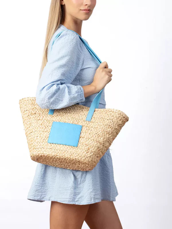 Cavalli Class Cervinia Ladies Natural Light Blue Medium Straw Beach Tote Bag Online now