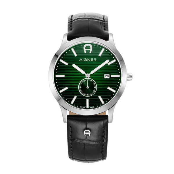 Aigner Treviso Gents Green Dial Black Leather Strap Watch Discount